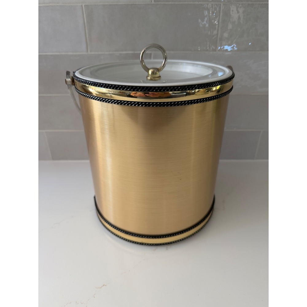 Georges Briard Ice Bucket Brushed Gold Large MCM Barware Acrylic Handle Lid